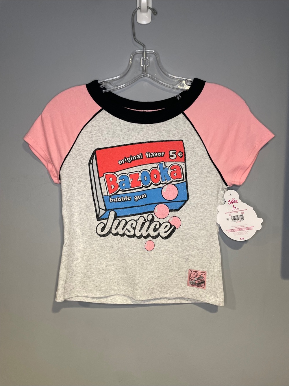 Justice Retro Pink Raglan Tee with Light Heather Gray Body Bazooka Gum